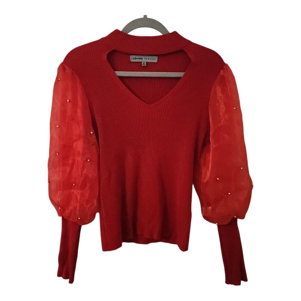 Almost Famous Sweater Womens M Red Cutout Sheer Puff Sleeve Rhinestone Top - Picture 1 of 12